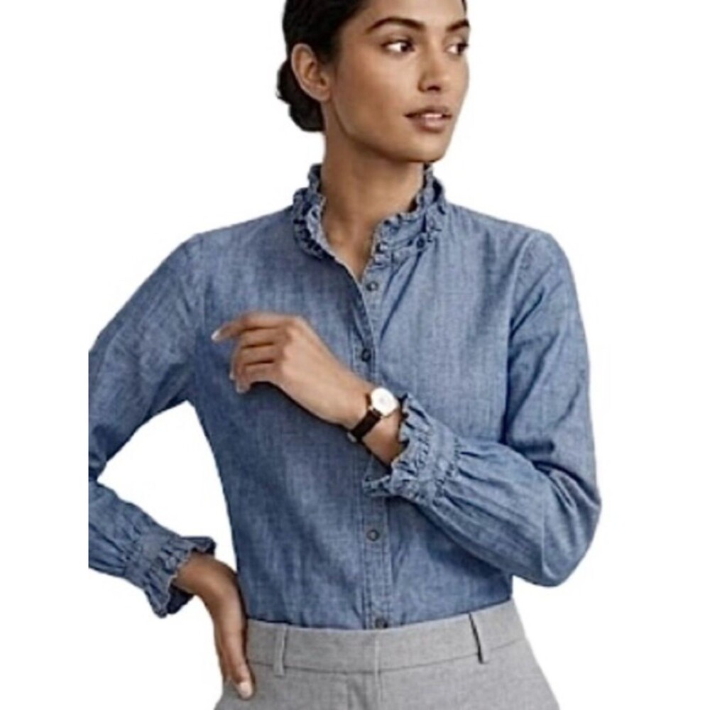 J. Crew Chambray Ruffle Trim Button Down Shirt Womens Size 2 Long Sleeve Classic